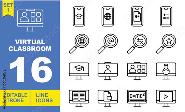 Fototapeta Virtual classroom set of web icons in line style. A collection of linear icons representing key virtual classroom concepts, including online course, online studying, study online. Editable stroke