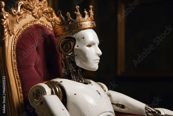 Fototapeta Android humanoid robot sitting on red velvet armchair with golden decor wearing a golden crown. Concept of robots taking control over humanity.	