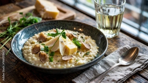 Obraz Creamy risotto with parmesan cheese and truffle shavings served in dark bowl on rustic wooden table with microgreens garnish and white wine glass
