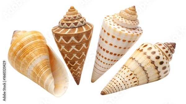 Fototapeta four common sea shell cones collection  isolated on transparent background
