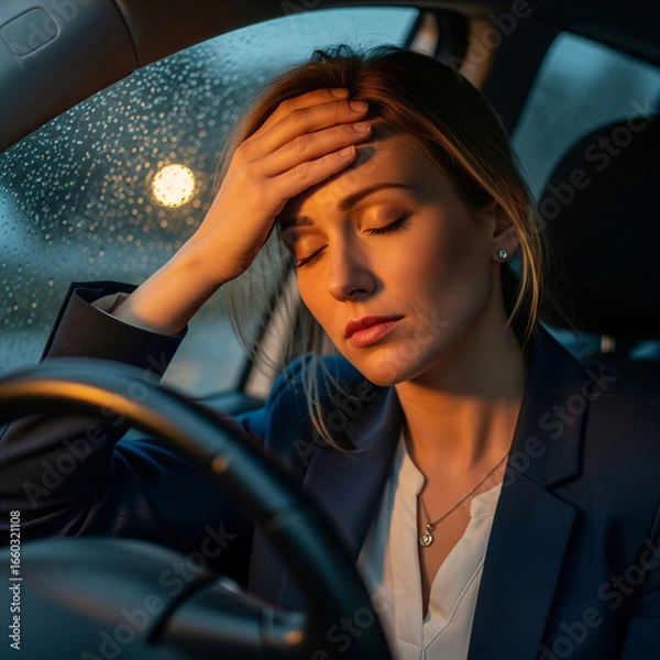 Fototapeta Stressed and exhausted businesswoman sitting in car, putting hand on forehead and closing eyes after hard day at work