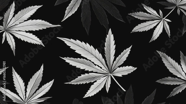Fototapeta 1326936851 Seamless pattern of green marijuana leaves, hemp foliage on a black background, vector illustration suitable for printing.