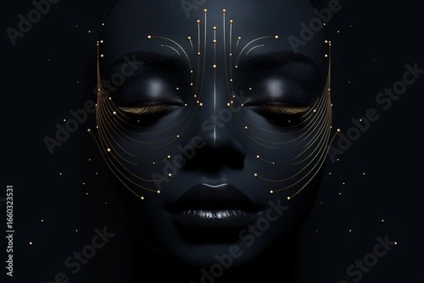 Fototapeta Minimalist outline of a face created with gold threads against a black background