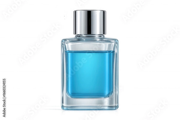 Fototapeta Elegant glass perfume bottle containing light blue liquid, silver cap gleaming, resting on transparent surface, highlighting delicate fragrance design