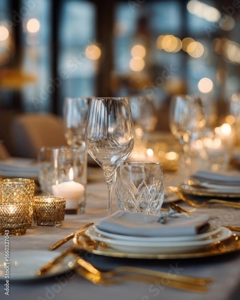 Fototapeta Elegant table set up for a romantic dinner. Concept of catering, hospitality and private dining. Selective focus on the glassware. MZ 