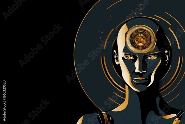 Fototapeta Golden line robot head illustration on a black background  futuristic design concept