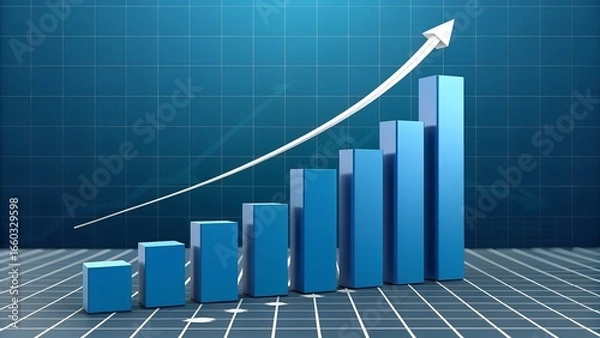 Fototapeta Increasing blue bar graph with a rising arrow – Growth, Business, Finance, Motivation, Strategy, Success