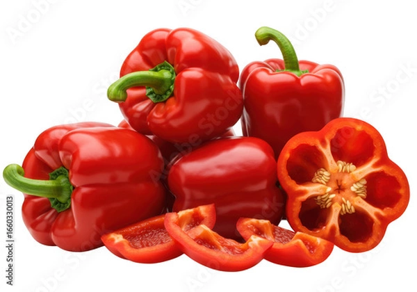 Fototapeta Vibrant red bell peppers whole and sliced artfully arranged on a transparent background isolated on transparent background