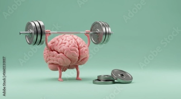 Fototapeta Mental Fortitude: A conceptual image shows a brain lifting weights, symbolizing mental strength, cognitive training, and the power of the mind.
