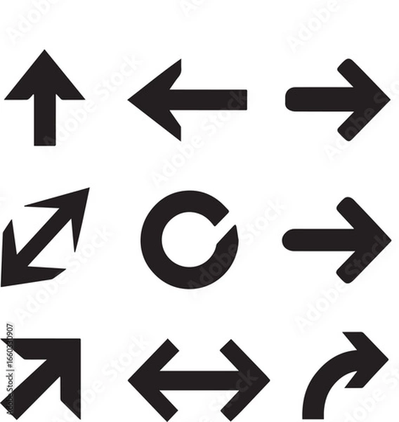 Fototapeta Bundle of simple arrow icons. Black directional symbols collection for ui design, navigation, and pointers.
