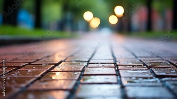 Fototapeta Evenly arranged paving stones glistening with rainwater after a refreshing downpour
