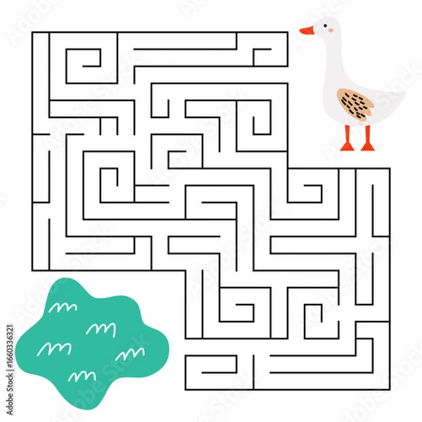 Fototapeta Farm maze game for kids. Cute goose looking for a way to the chicken. Printable worksheet with solution for school and preschool. Vector cartoon illustration.