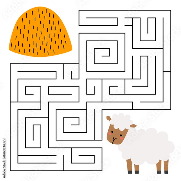 Fototapeta Farm maze game for kids. Cute sheep looking for a way to the hay. Printable worksheet with solution for school and preschool. Vector cartoon illustration.