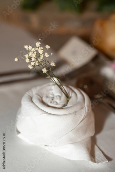 Fototapeta serviette en rond avec une fleur pour présentation de table en mariage