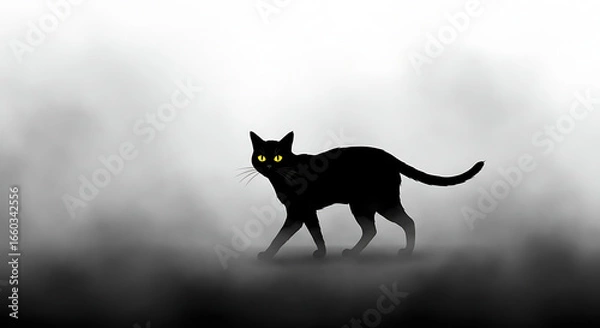 Obraz Mysterious Black Cat with Glowing Yellow Eyes Walking Through Eerie Fog
