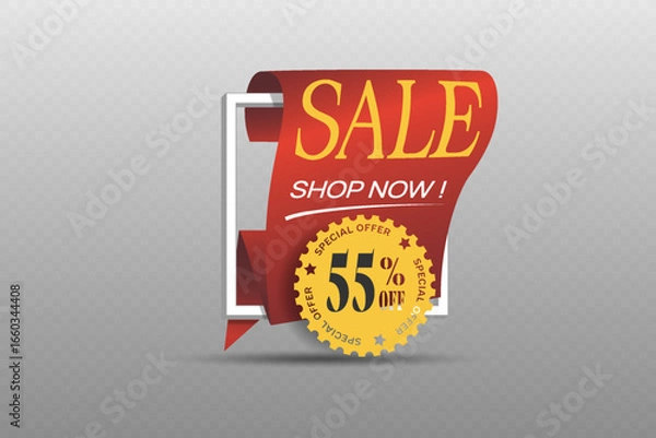 Fototapeta Red ribbon banner with golden badge template