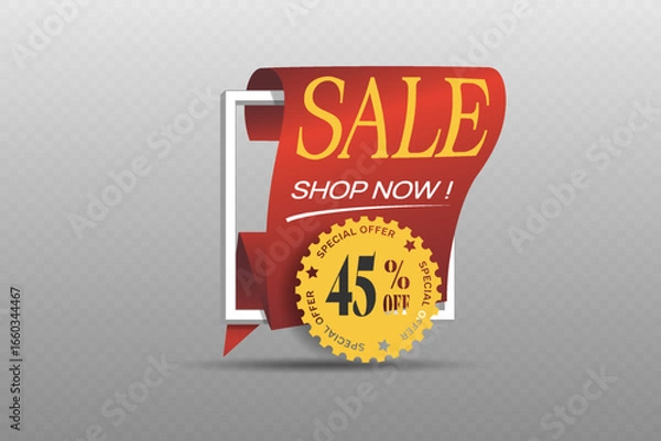 Fototapeta Red ribbon banner with golden badge template