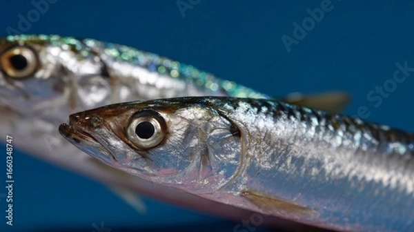 Fototapeta Close-up of whole live pacific saury fish in water with shiny scales.