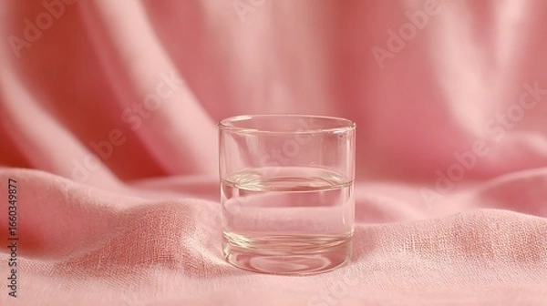 Obraz Clear glass half full on pastel pink linen with blur