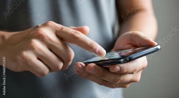 Fototapeta Close-up of Male Hands Using Smartphone, Touching Screen