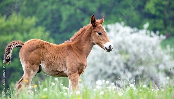 Obraz A young foal stands in a springtime meadow, its rich brown coat contrasting with the vibrant green grass and soft white blossoms.