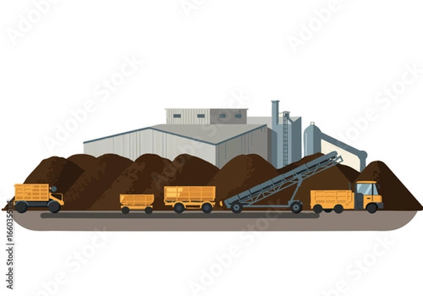 Fototapeta Industrial composting facility with trucks delivering and conveying materials. A detailed illustration showcasing a modern waste management process. Clean, graphic style.