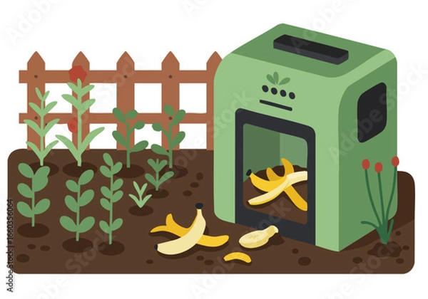 Fototapeta stylized isometric illustration depicts a compost bin feeding organic waste into a thriving garden A charming rural scene with a picket fence and lush plants creates a sustainable lifestyle image