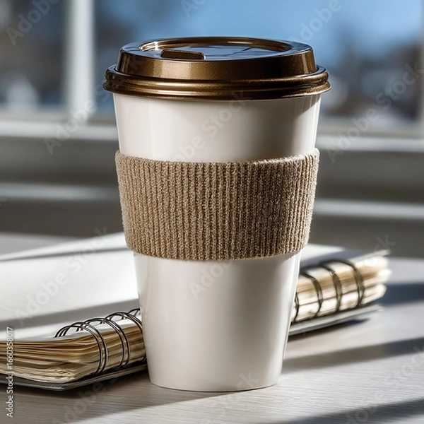 Fototapeta Disposable coffee cup on a notebook in sunlight.