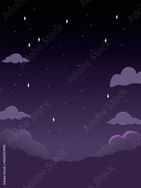 Fototapeta Purple night sky with twinkling stars and spooky clouds, perfect Halloween background for party invites, posters, or seasonal designs.