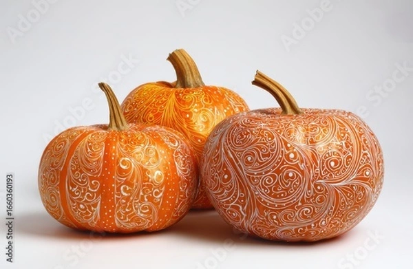 Fototapeta Artistic pumpkins with painteswirling white ornament lines, arranged for seasonal autumn decoration, perfect for creative Halloween design, stylish greeting compositions, and festive fall backgrounds.