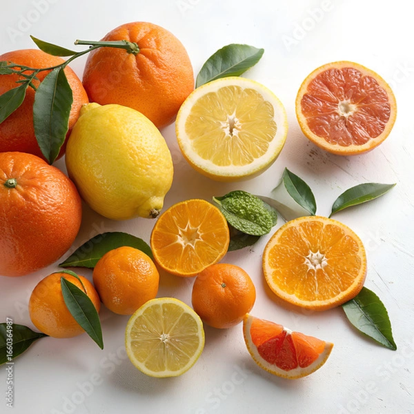 Fototapeta Assorted citrus fruits and leaves arranged on a white surface