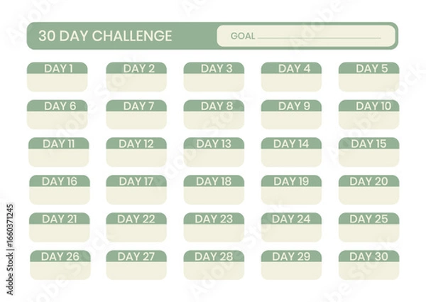 Fototapeta Minimalist 30-day challenge tracker template in green color. Habit tracker planner for productivity, health, fitness, wellness, and lifestyle improvement. Printable daily and monthly chart for organiz