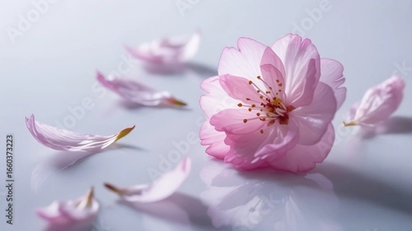 Fototapeta Delicate Pink Cherry Blossom with Scattered Petals on Reflective Surface Springtime Beauty