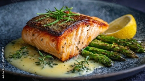 Fototapeta Gourmet cooked salmon fillet with crispy skin served with lemon and asparagus for culinary delights.