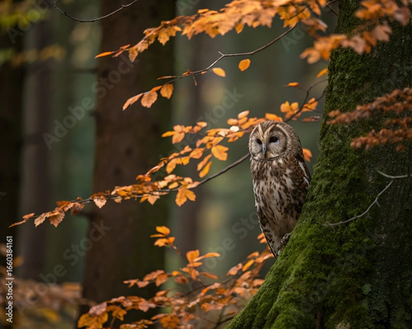 Fototapeta An owl perched on a mossy tree trunk in a forest with autumn leaves