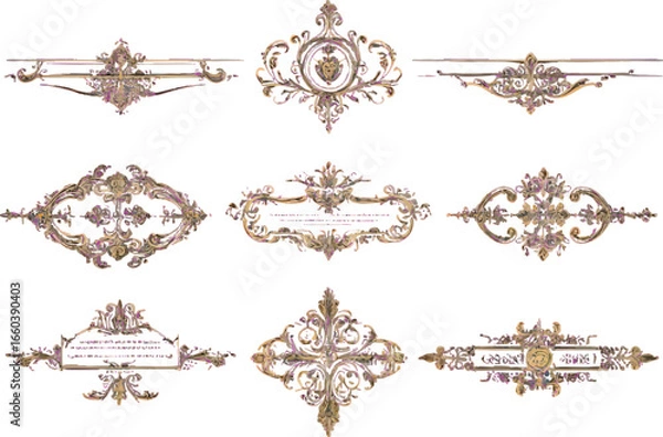 Obraz Assortment of decorative vintage frames and flourishes with gold and pink accents on white