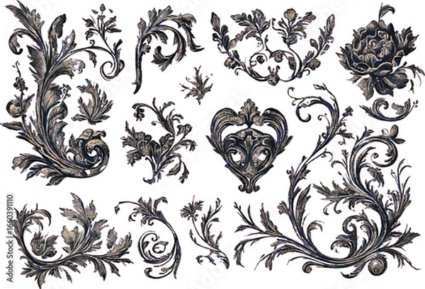 Obraz Assorted dark grey and blue ornate floral and scrollwork design elements on white vector illustration