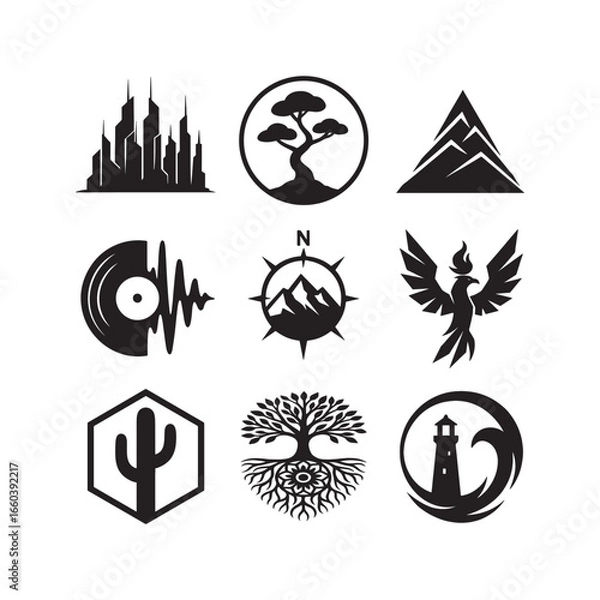 Fototapeta Collection of Minimalist Black Logos Featuring Urban Nature and Symbolic Designs for Diverse Branding Applications Showcasing Cityscapes Trees Mountains and Cultural Identity