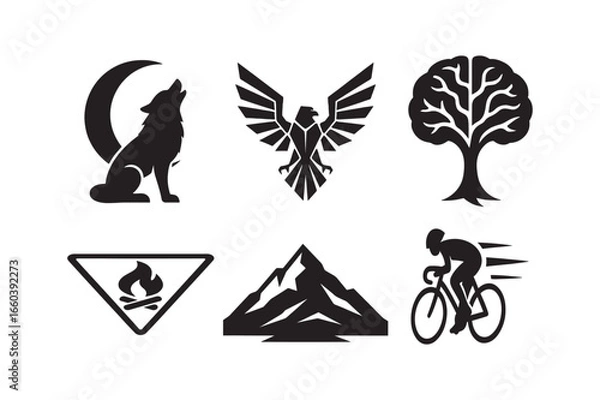 Fototapeta Collection of Outdoor and Nature Icons Representing Wildlife and Adventure Activities Minimalist Design