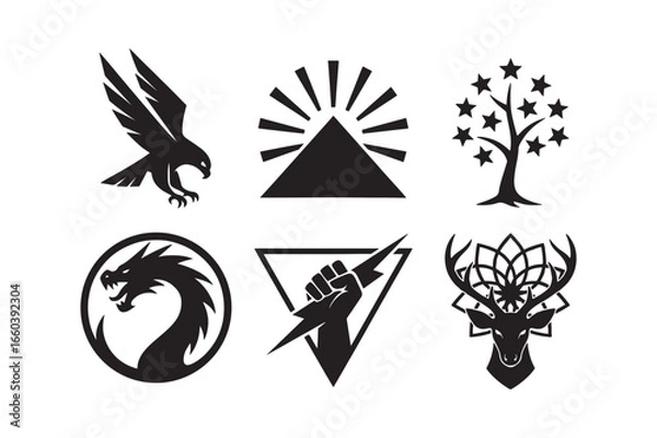 Fototapeta Collection of Six Unique Minimalist Logo Designs Featuring an Eagle Sun Tree Dragon Power and Deer Illustrations for Brand Identity