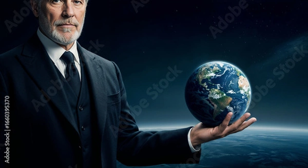 Fototapeta Professional businessman in elegant suit holds miniature Earth in palm demonstrating global leadership and worldwide business control with confident authority