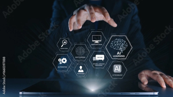 Fototapeta AI learning system involves deep learning, supervised machine learning, and natural language processing. AI learning diagram shows how AI advances learn in automation and data processing. Elide