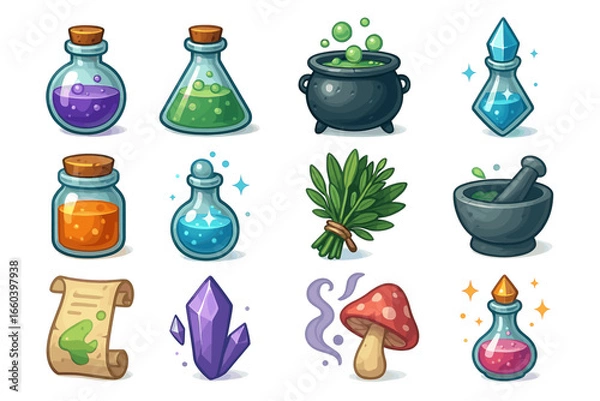 Fototapeta Magical potion ingredients and tools collection with cauldron and crystal