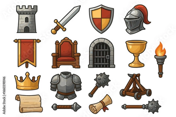 Fototapeta Medieval icon set: sword, armor, helm, castle, crown, shield, catapult, scroll, torch, banner