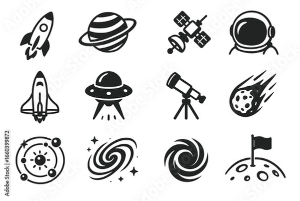 Fototapeta Space exploration icons: rocket, planet, satellite, astronaut, telescope, ufo, comet, galaxy