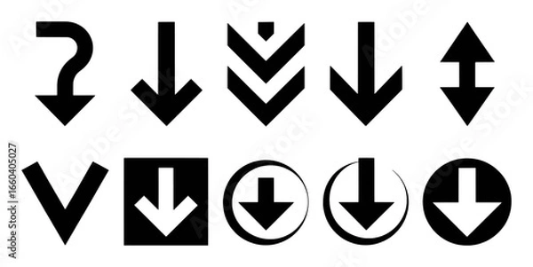 Obraz Collection of diverse black arrow icons pointing downwards and up/down