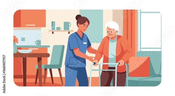 Fototapeta Flat illustration of a nurse assisting an elderly patient with a walker at home, symbolizing senior healthcare, rehabilitation, mobility support, and compassionate caregiving