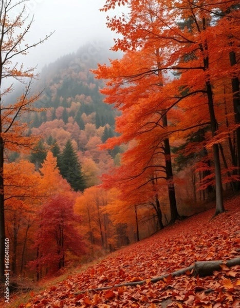 Fototapeta Autumn forest in red tones, mountains in a misty haze, fallen leaves