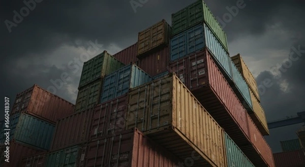 Fototapeta Stacked Shipping Containers Under Dramatic Cloudy Sky