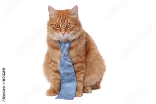 Obraz Transparent PNG of a cute ginger cat wearing a blue tie, isolated vector-style element for design, clipart, mascot, business and education concept.